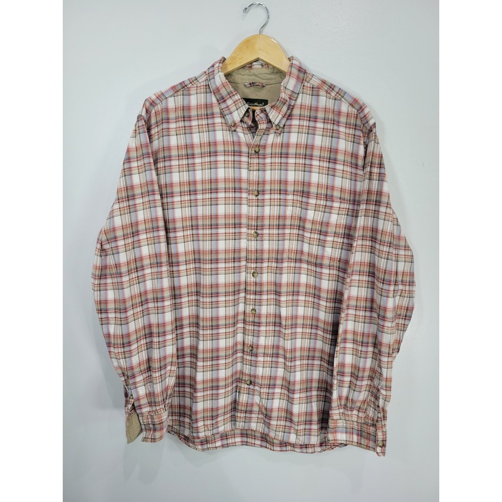 Eddie Bauer Mens XL Tall Plaid Button Down Shirt Long Sleeve Cotton Red Blue Tan